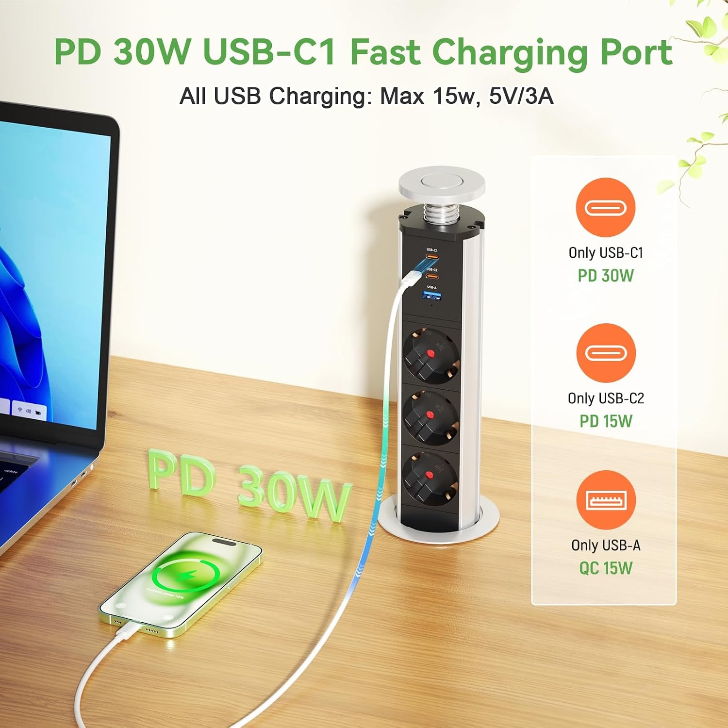 Inschuifbaar stopcontact, 3 stopcontacten, 2 USB en USB C, intrekbaar elektrisch meervoudig stopcontact voor werkblad, verzonken werkblad voor keuken, kantoor, kabel 1,8 m, diameter 60 mm