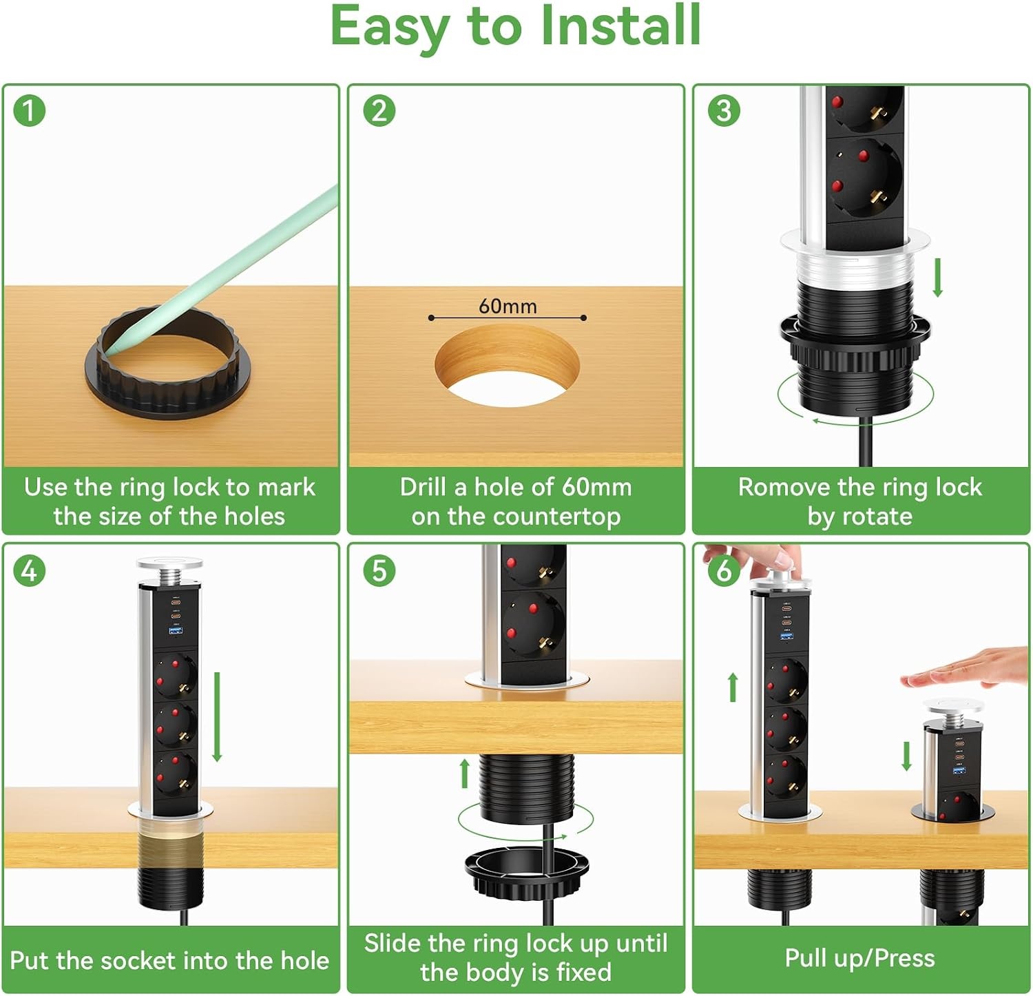 Inschuifbaar stopcontact, 3 stopcontacten, 2 USB en USB C, intrekbaar elektrisch meervoudig stopcontact voor werkblad, verzonken werkblad voor keuken, kantoor, kabel 1,8 m, diameter 60 mm