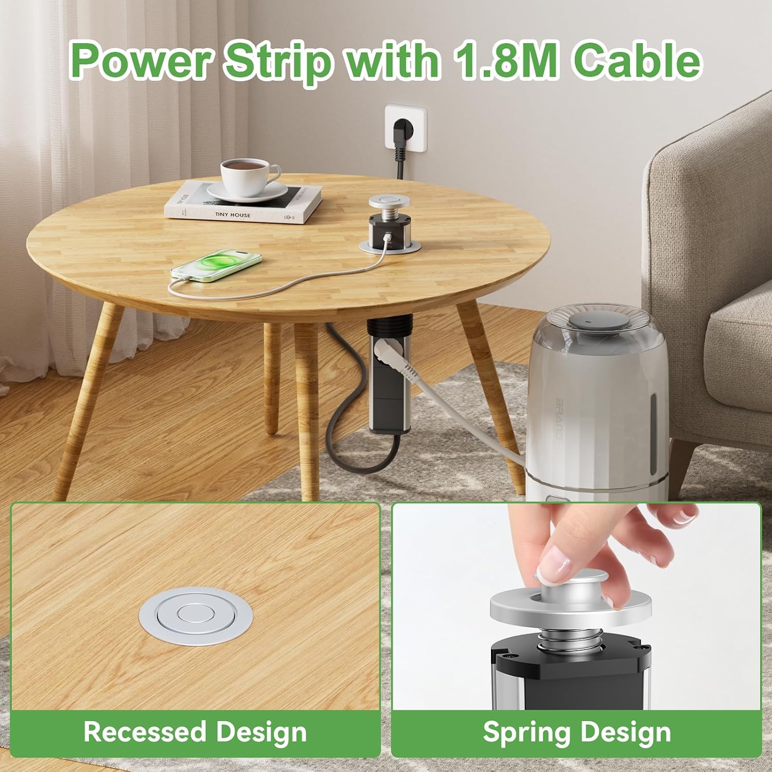 Inschuifbaar stopcontact, 3 stopcontacten, 2 USB en USB C, intrekbaar elektrisch meervoudig stopcontact voor werkblad, verzonken werkblad voor keuken, kantoor, kabel 1,8 m, diameter 60 mm