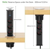 Inschuifbaar stopcontact, 3 stopcontacten, 2 USB en USB C, intrekbaar elektrisch meervoudig stopcontact voor werkblad, verzonken werkblad voor keuken, kantoor, kabel 1,8 m, diameter 60 mm