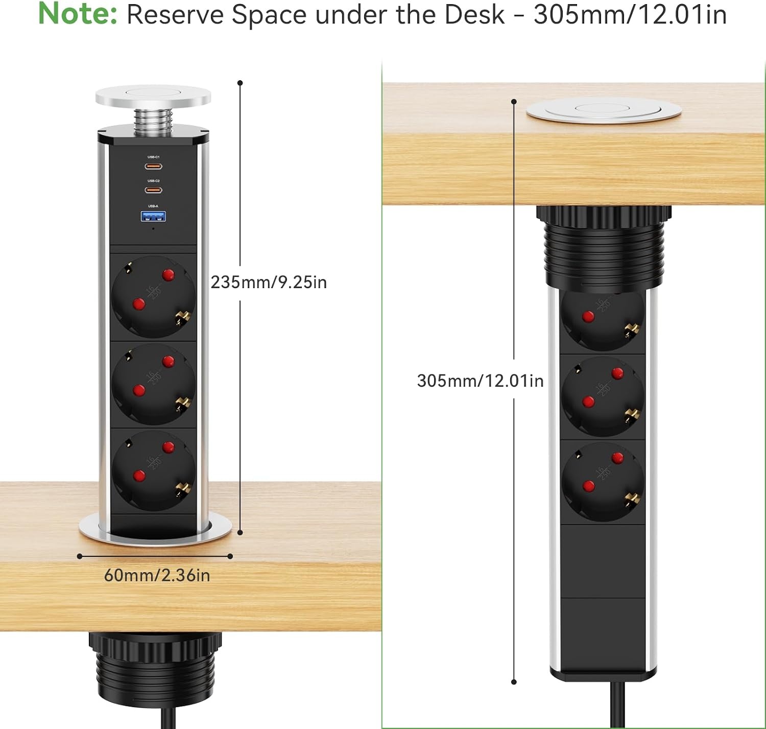 Inschuifbaar stopcontact, 3 stopcontacten, 2 USB en USB C, intrekbaar elektrisch meervoudig stopcontact voor werkblad, verzonken werkblad voor keuken, kantoor, kabel 1,8 m, diameter 60 mm