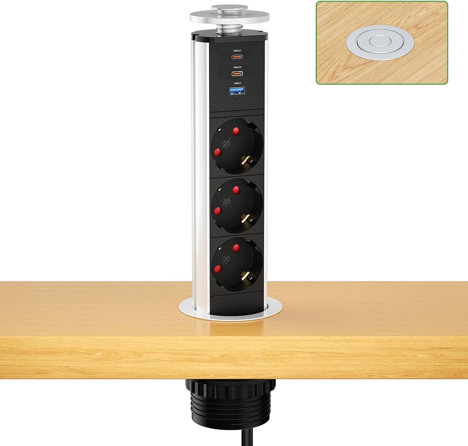 Inschuifbaar stopcontact, 3 stopcontacten, 2 USB en USB C, intrekbaar elektrisch meervoudig stopcontact voor werkblad, verzonken werkblad voor keuken, kantoor, kabel 1,8 m, diameter 60 mm