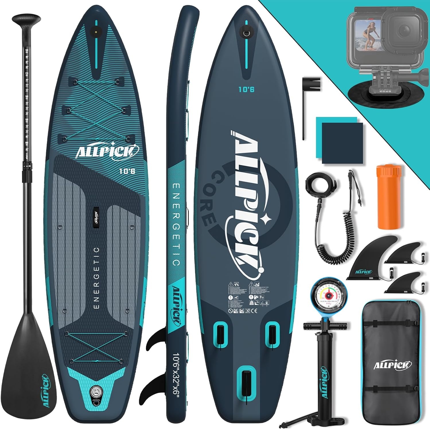ALLPICK Stand Up Paddle Board, Opblaasbaar Paddleboard, Met Universele Camerabevestiging, Complete Accessoires, Verstelbare Peddel, Geschikt Voor Beginners en Gevorderde Peddelaars, 200 kg