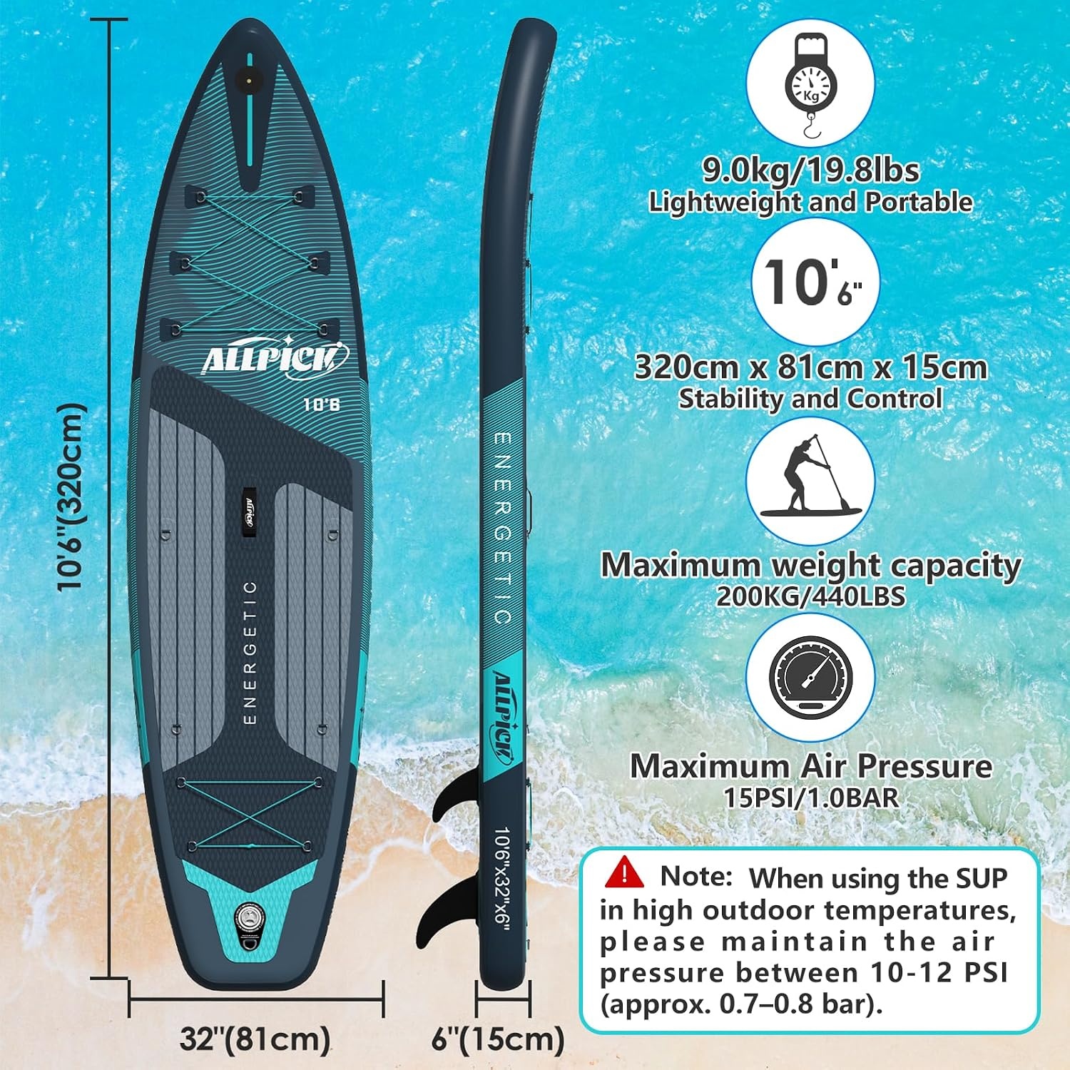 ALLPICK Stand Up Paddle Board, Opblaasbaar Paddleboard, Met Universele Camerabevestiging, Complete Accessoires, Verstelbare Peddel, Geschikt Voor Beginners en Gevorderde Peddelaars, 200 kg