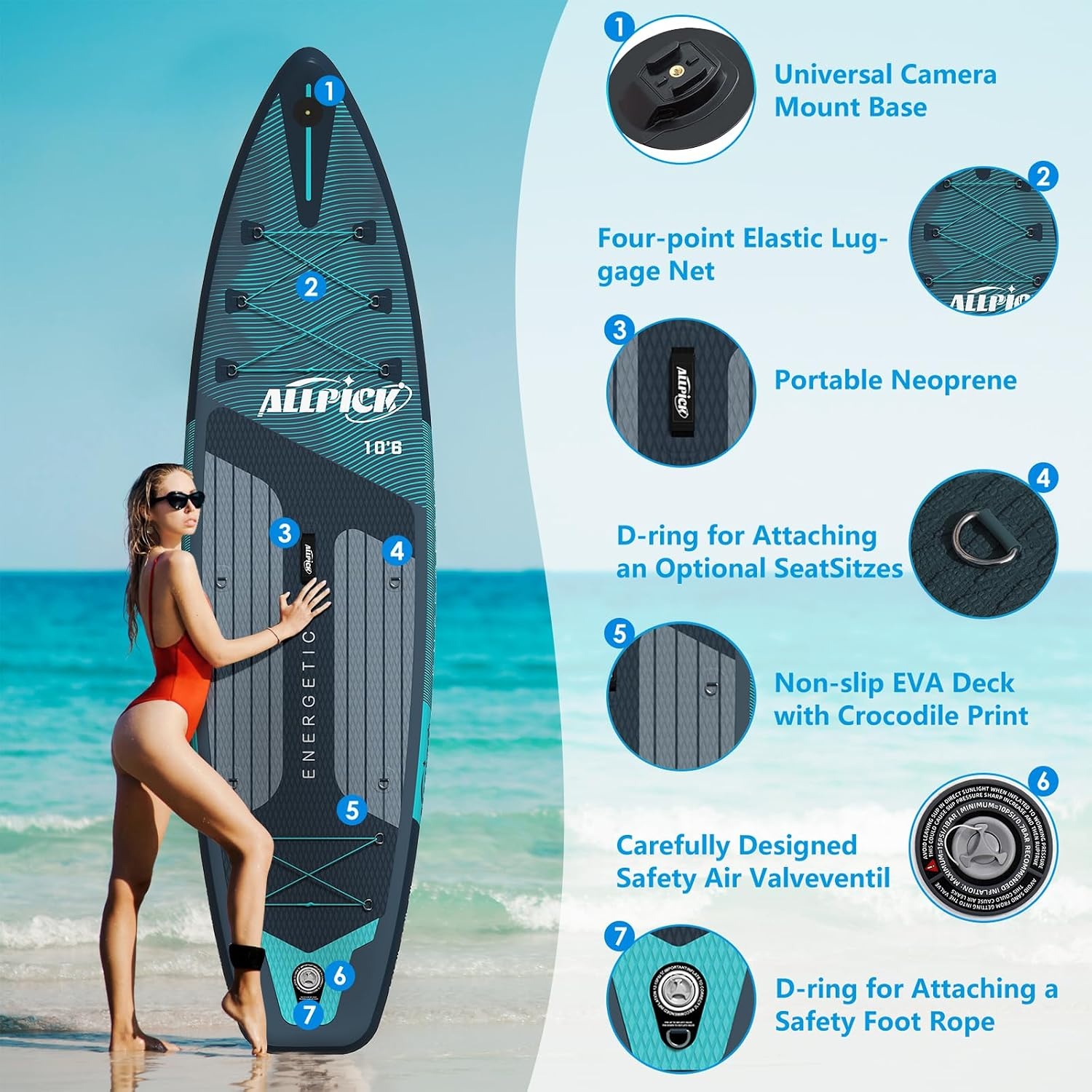 ALLPICK Stand Up Paddle Board, Opblaasbaar Paddleboard, Met Universele Camerabevestiging, Complete Accessoires, Verstelbare Peddel, Geschikt Voor Beginners en Gevorderde Peddelaars, 200 kg