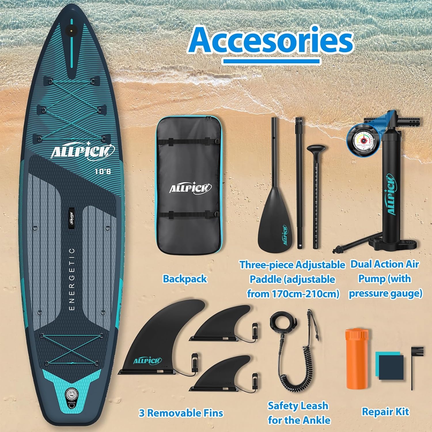 ALLPICK Stand Up Paddle Board, Opblaasbaar Paddleboard, Met Universele Camerabevestiging, Complete Accessoires, Verstelbare Peddel, Geschikt Voor Beginners en Gevorderde Peddelaars, 200 kg