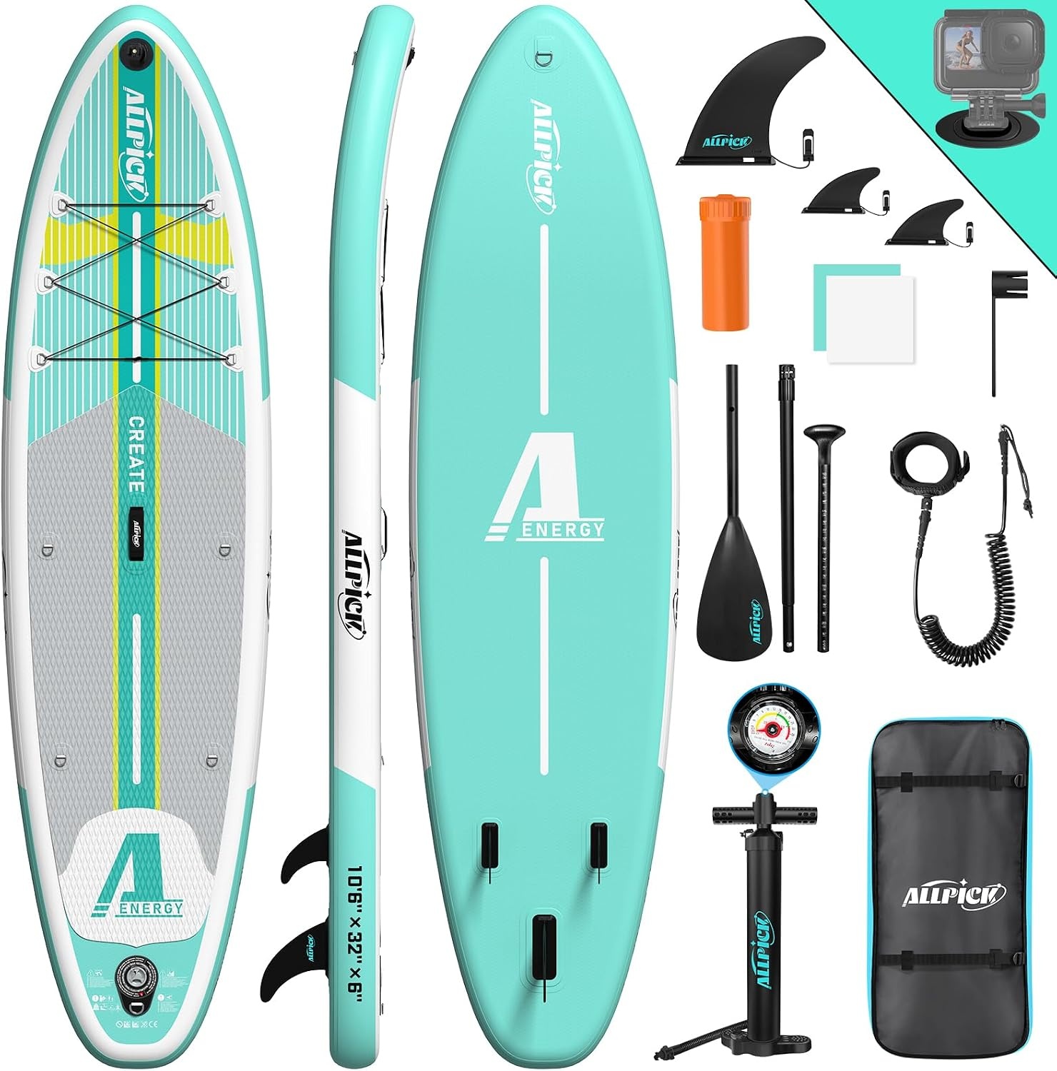ALLPICK Stand Up Paddle Board, Opblaasbaar Paddleboard, Met Universele Camerabevestiging, Complete Accessoires, Verstelbare Peddel, Geschikt Voor Beginners en Gevorderde Peddelaars, 200 kg