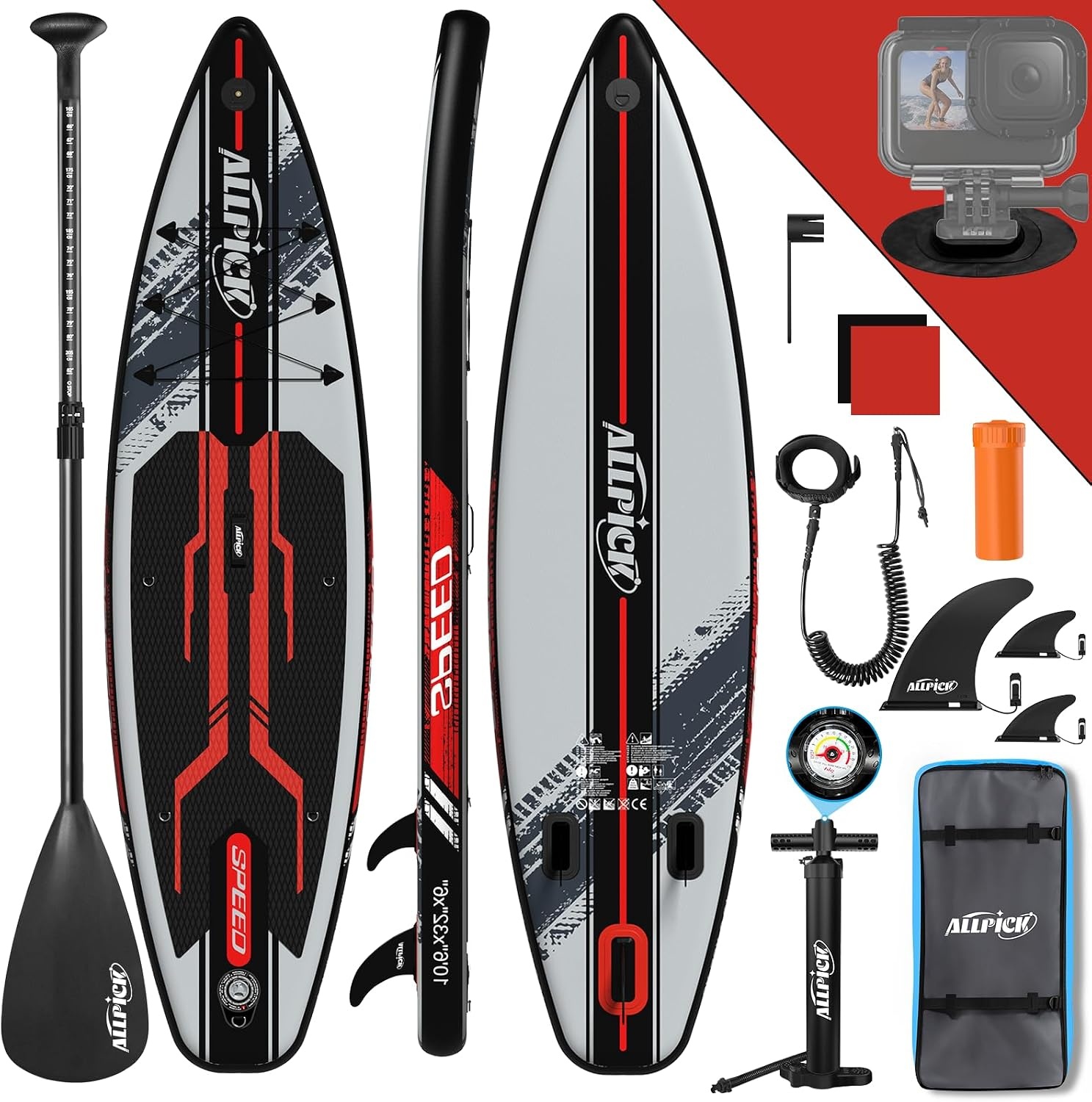 ALLPICK Stand Up Paddle Board, Opblaasbaar Paddleboard, Met Universele Camerabevestiging, Complete Accessoires, Verstelbare Peddel, Geschikt Voor Beginners en Gevorderde Peddelaars, 200 kg
