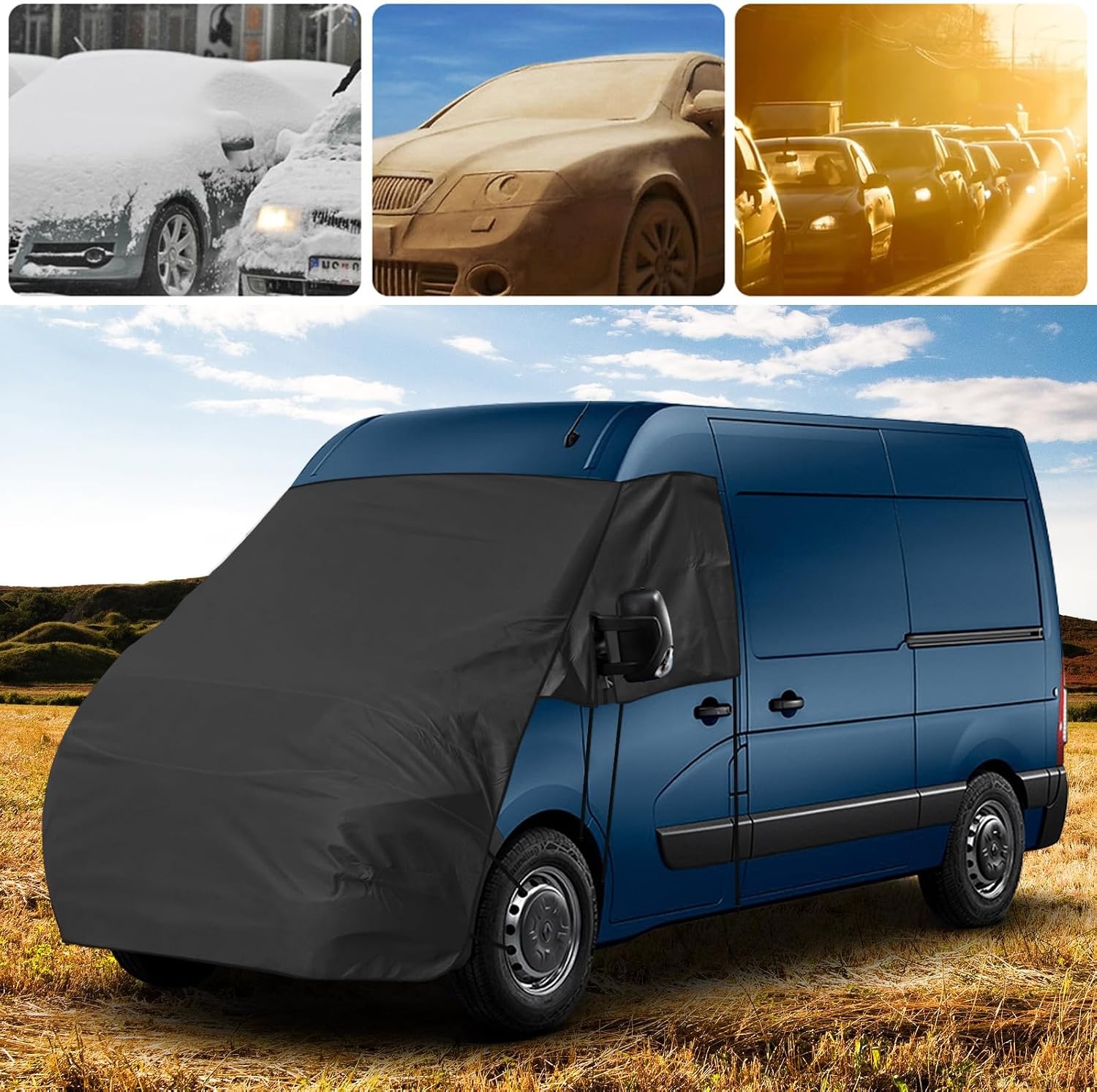Voorruit Wrap Cover Vervanging voor Renault Master 2010-2024, Vervanging voor Opel Movano 2010-2024, Luxe Zonwering Volledige Okklusie Voorruitafdekking 420D Vervanging voor Nissan NV400 (Zwart)