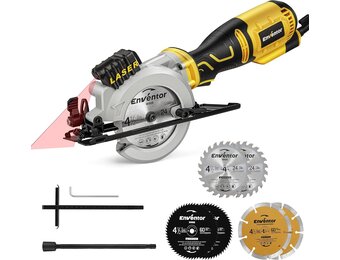 Mini-cirkelzaag, ENVENTOR Mini-handcirkelzaag 705W, 3500 RPM, lasergeleider, 6 bladen Ø115 mm, snede: 42.8 mm/90º, 28 mm/45º, voor het zagen van tegels, hout, zacht metaal | 3500 rpm, maximale snede: 42,8 mm (90 °) en 20 mm (45 °), voor het snijden van te