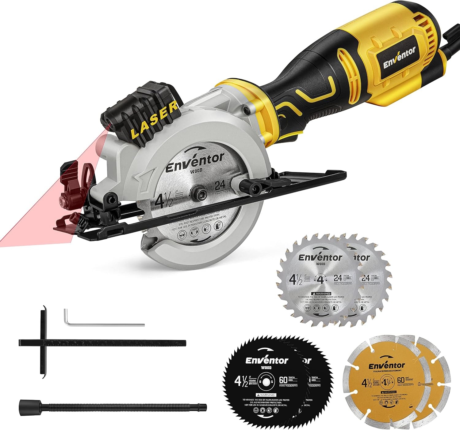 Mini-cirkelzaag, ENVENTOR Mini-handcirkelzaag 705W, 3500 RPM, lasergeleider, 6 bladen Ø115 mm, snede: 42.8 mm/90º, 28 mm/45º, voor het zagen van tegels, hout, zacht metaal | 3500 rpm, maximale snede: 42,8 mm (90 °) en 20 mm (45 °), voor het snijden van te