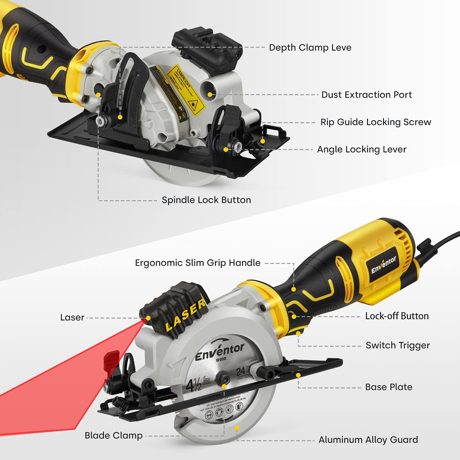 Mini-cirkelzaag, ENVENTOR Mini-handcirkelzaag 705W, 3500 RPM, lasergeleider, 6 bladen Ø115 mm, snede: 42.8 mm/90º, 28 mm/45º, voor het zagen van tegels, hout, zacht metaal | 3500 rpm, maximale snede: 42,8 mm (90 °) en 20 mm (45 °), voor het snijden van te