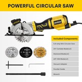 Mini-cirkelzaag, ENVENTOR Mini-handcirkelzaag 705W, 3500 RPM, lasergeleider, 6 bladen Ø115 mm, snede: 42.8 mm/90º, 28 mm/45º, voor het zagen van tegels, hout, zacht metaal | 3500 rpm, maximale snede: 42,8 mm (90 °) en 20 mm (45 °), voor het snijden van te