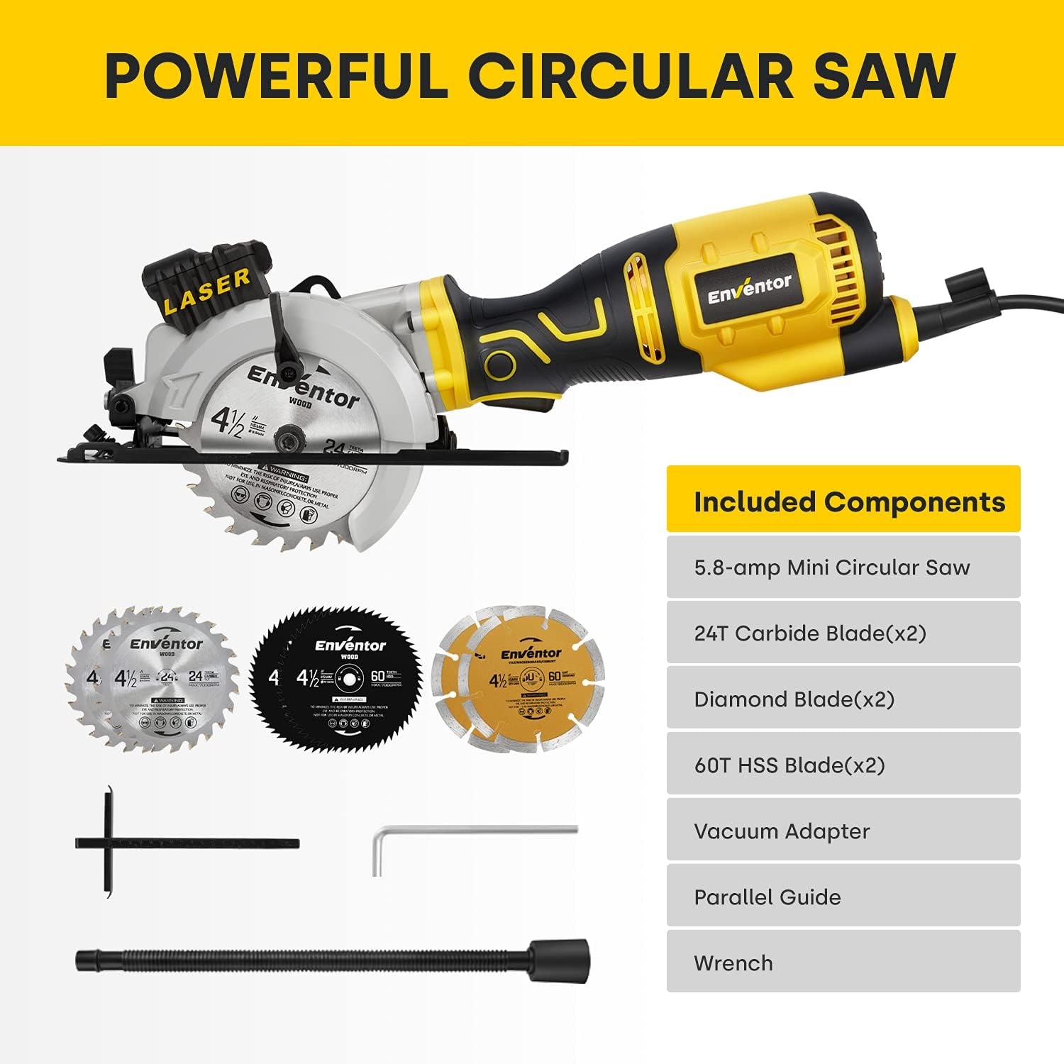 Mini-cirkelzaag, ENVENTOR Mini-handcirkelzaag 705W, 3500 RPM, lasergeleider, 6 bladen Ø115 mm, snede: 42.8 mm/90º, 28 mm/45º, voor het zagen van tegels, hout, zacht metaal | 3500 rpm, maximale snede: 42,8 mm (90 °) en 20 mm (45 °), voor het snijden van te