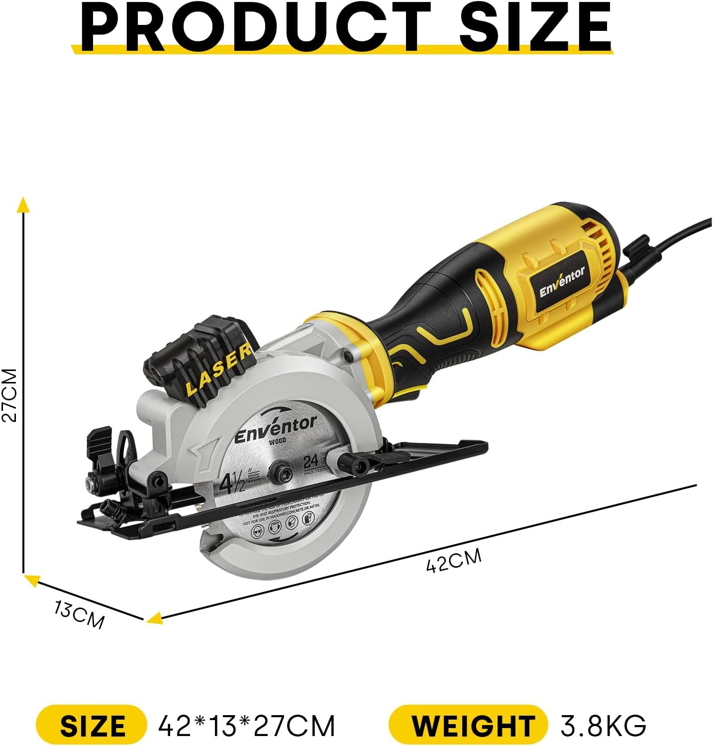 Mini-cirkelzaag, ENVENTOR Mini-handcirkelzaag 705W, 3500 RPM, lasergeleider, 6 bladen Ø115 mm, snede: 42.8 mm/90º, 28 mm/45º, voor het zagen van tegels, hout, zacht metaal | 3500 rpm, maximale snede: 42,8 mm (90 °) en 20 mm (45 °), voor het snijden van te