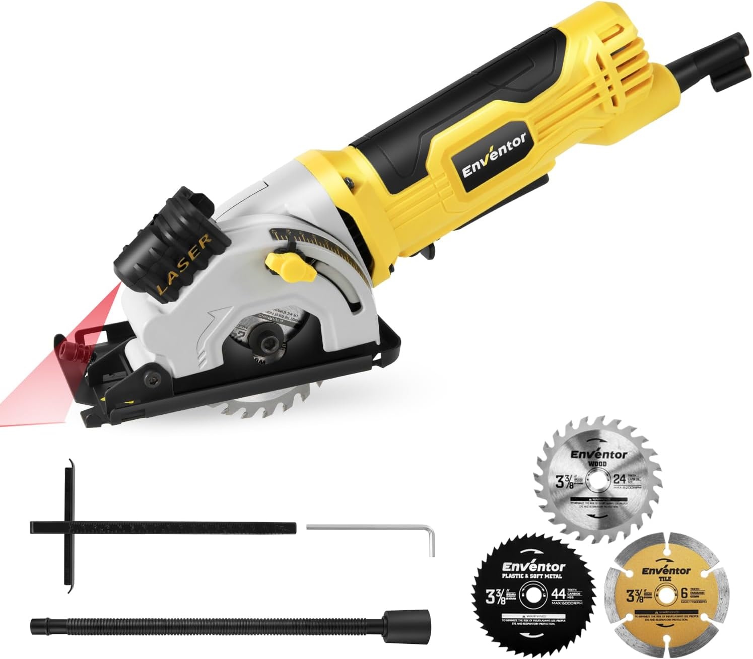 Mini-cirkelzaag, ENVENTOR Mini-handcirkelzaag 705W, 3500 RPM, lasergeleider, 6 bladen Ø115 mm, snede: 42.8 mm/90º, 28 mm/45º, voor het zagen van tegels, hout, zacht metaal | 3500 rpm, maximale snede: 42,8 mm (90 °) en 20 mm (45 °), voor het snijden van te