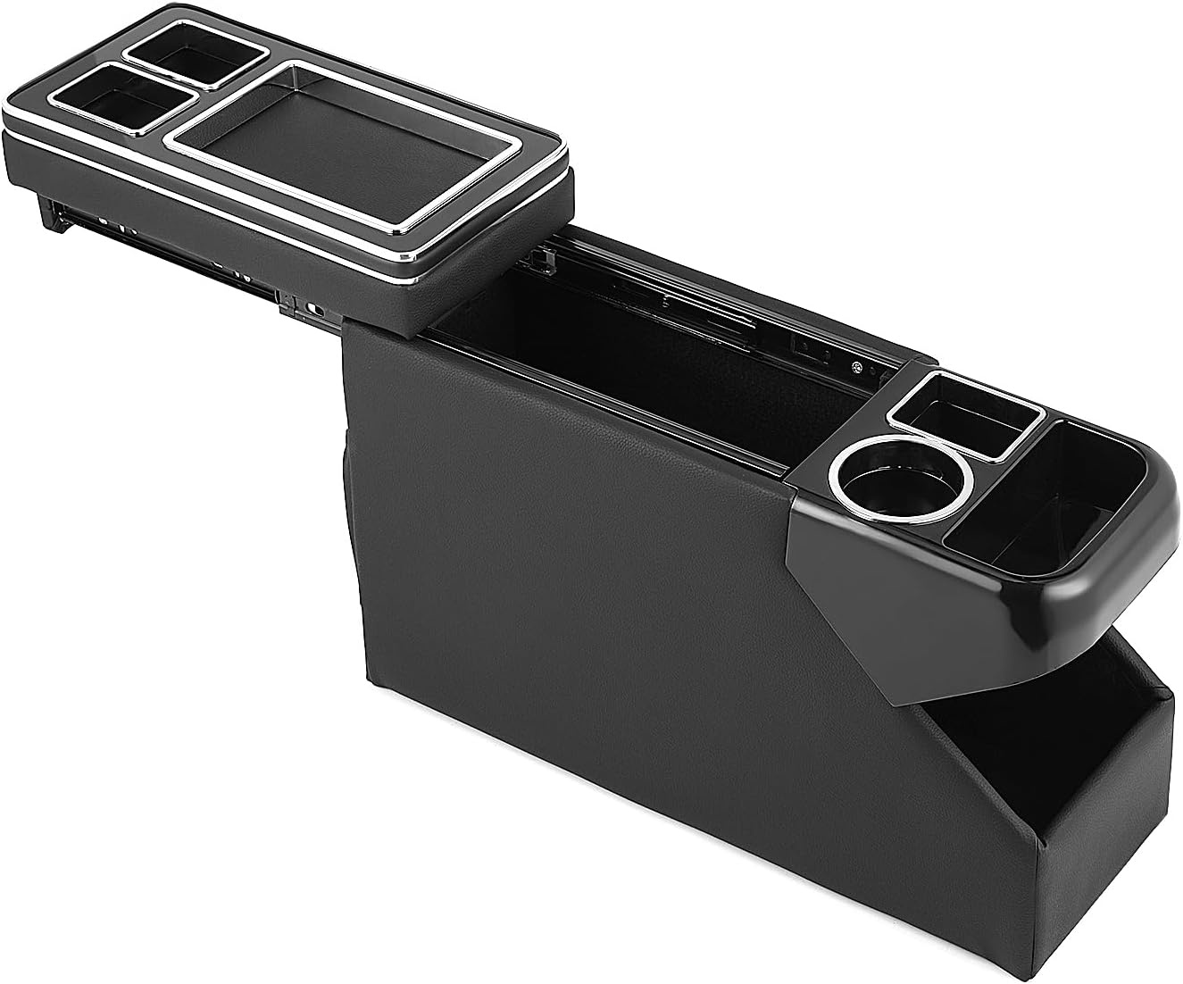 GEARMONSTER Middenconsole met opbergvakken opbergvak compatibel met VW T5 T6 T6.1, middenconsole Box met drankjeshouder, zwart glanzend leder accessoire voor individuele stoelen vooraan