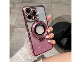 Telefoonhoesje iPhone 15 MagSafe compatibel, glitter, gegalvaniseerd, met standaard, camerabescherming, siliconen bumper, TPU, stootvast, roze