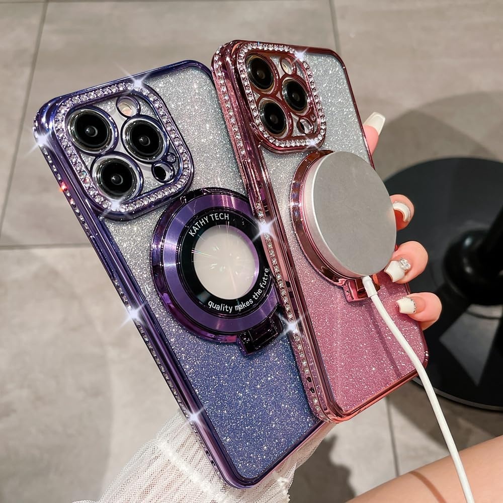 Telefoonhoesje iPhone 15 MagSafe compatibel, glitter, gegalvaniseerd, met standaard, camerabescherming, siliconen bumper, TPU, stootvast, roze