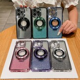 Telefoonhoesje iPhone 15 MagSafe compatibel, glitter, gegalvaniseerd, met standaard, camerabescherming, siliconen bumper, TPU, stootvast, roze