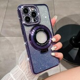 Telefoonhoesje iPhone 15 MagSafe compatibel, glitter, gegalvaniseerd, met standaard, camerabescherming, siliconen bumper, TPU, stootvast, roze