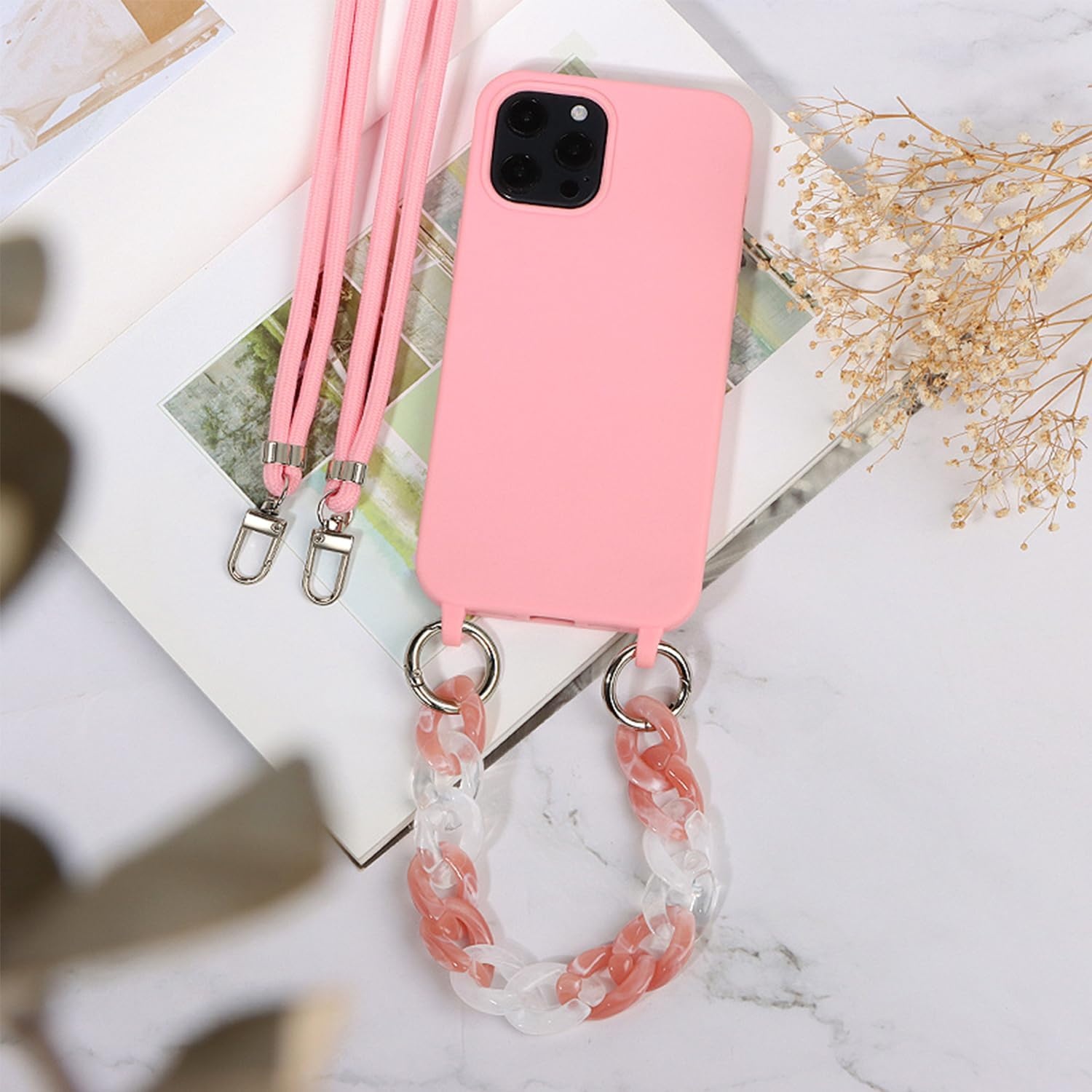 Hoesje voor iPhone 15 Pro Max Kaki TPU Schokbestendig Krasbestendig met Verstelbare Ketting, Polsbandje en Lanyard