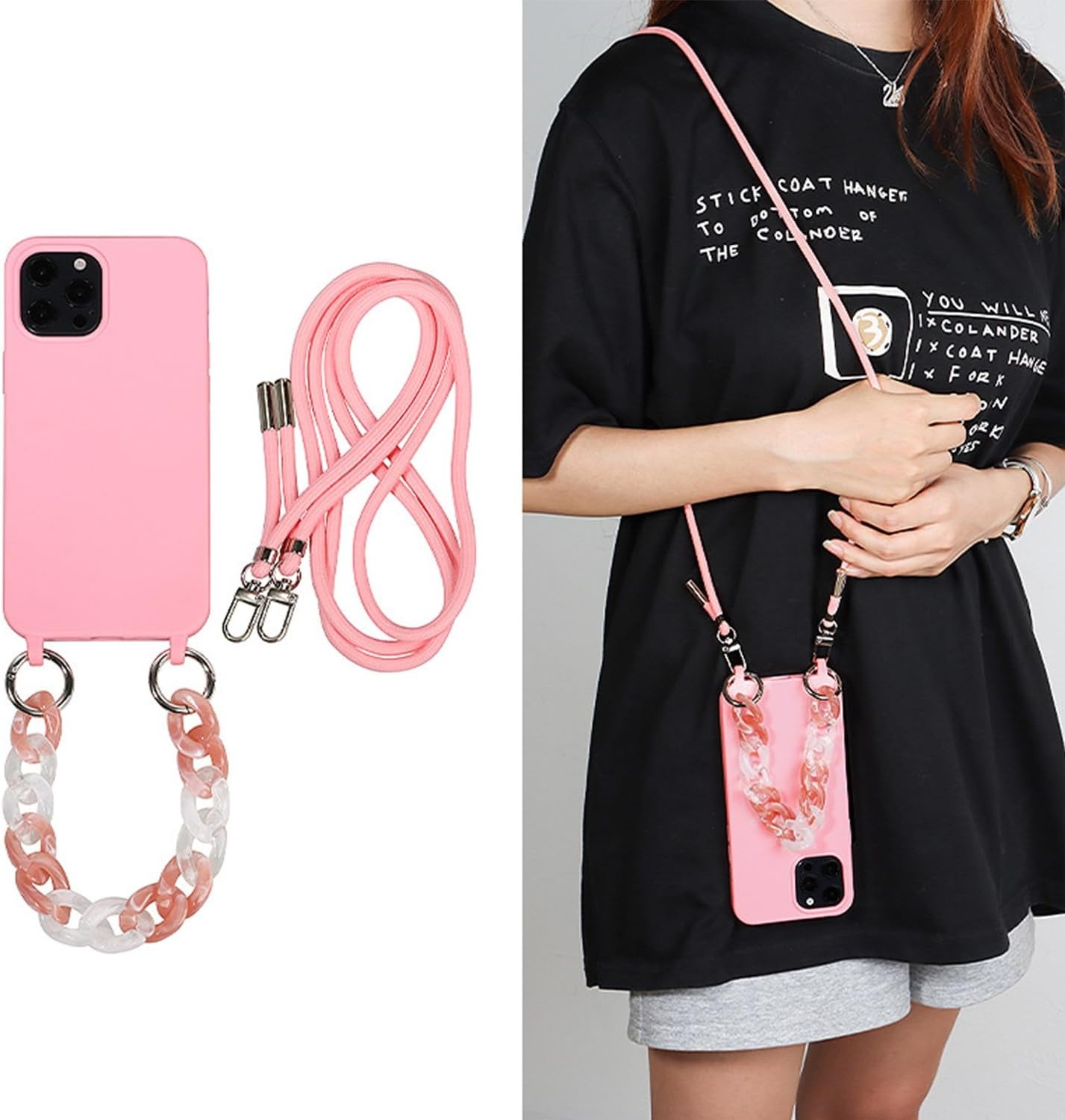 Hoesje voor iPhone 15 Pro Max Kaki TPU Schokbestendig Krasbestendig met Verstelbare Ketting, Polsbandje en Lanyard