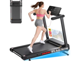 Opvouwbare loopband, voor thuis, met 18% automatische helling, motor van 4,5 pk, stil en compact, 45 inch breed led-display en 12 programma's, elektrische fitnessloopband tot 180 kg