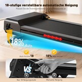 Opvouwbare loopband, voor thuis, met 18% automatische helling, motor van 4,5 pk, stil en compact, 45 inch breed led-display en 12 programma's, elektrische fitnessloopband tot 180 kg