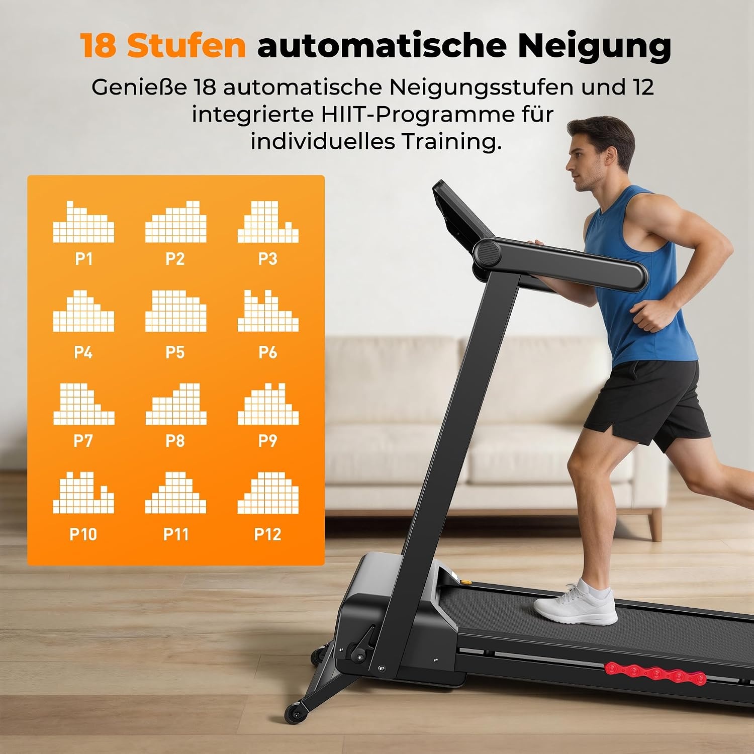 Opvouwbare loopband, voor thuis, met 18% automatische helling, motor van 4,5 pk, stil en compact, 45 inch breed led-display en 12 programma's, elektrische fitnessloopband tot 180 kg