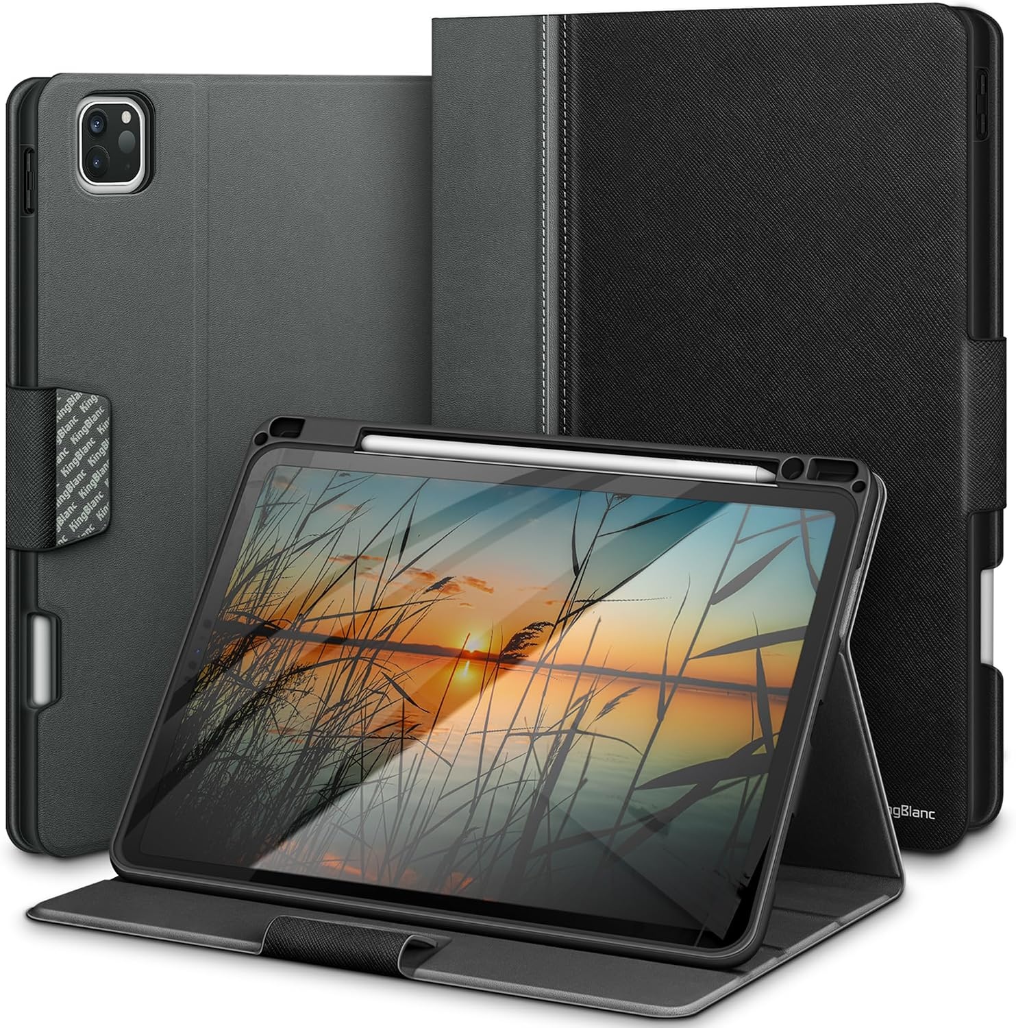 Hoes voor iPad Pro 11-inch (4e/3e/2e/1e gen 2022/2021/2020/2018) met potloodhouder, PU leer Smart Folio, Apple Pencil 2 ondersteuning, zwart
