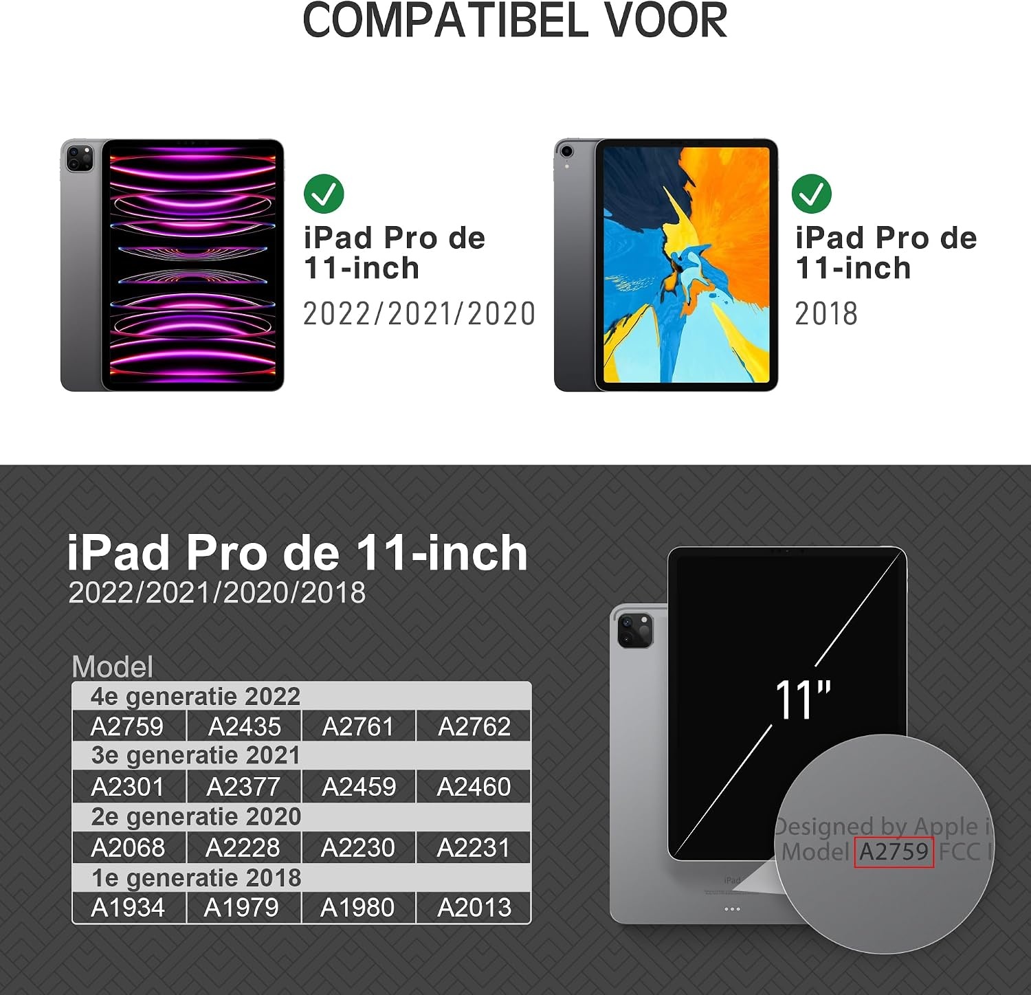 Hoes voor iPad Pro 11-inch (4e/3e/2e/1e gen 2022/2021/2020/2018) met potloodhouder, PU leer Smart Folio, Apple Pencil 2 ondersteuning, zwart