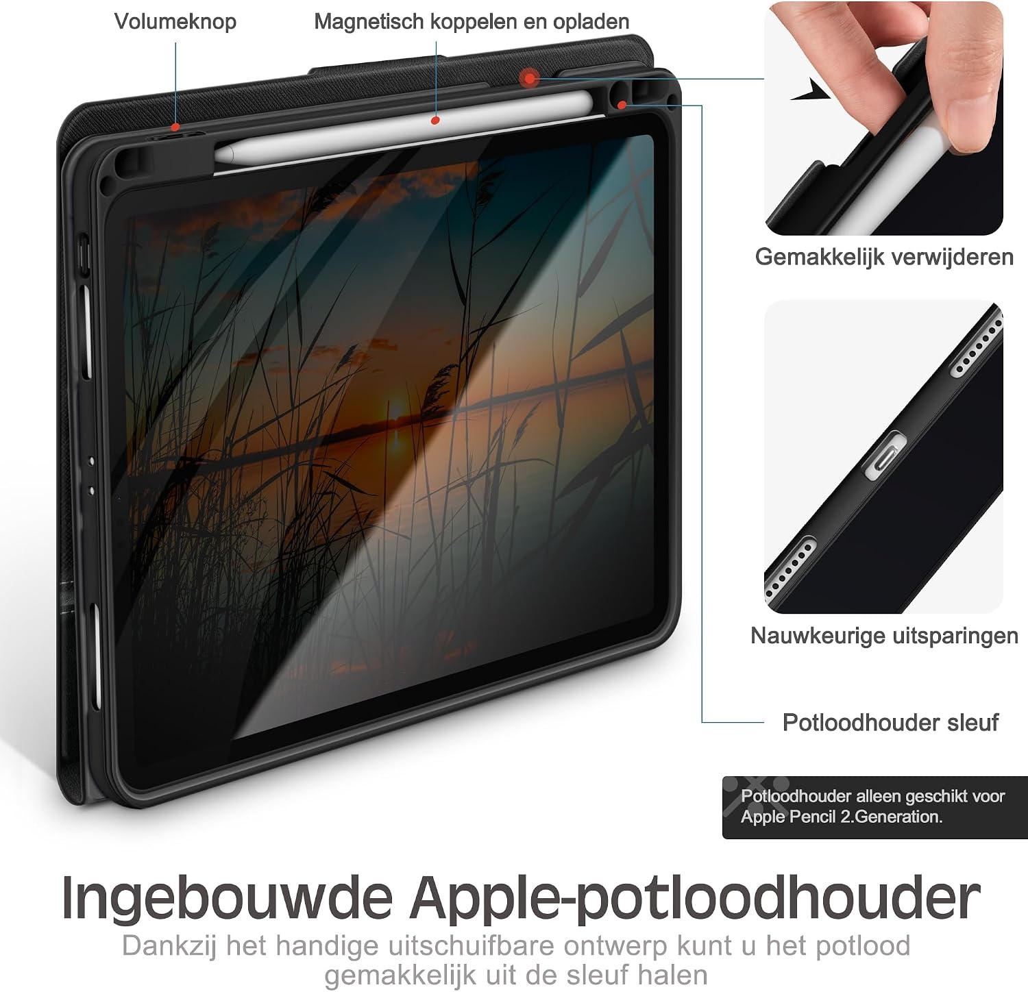 Hoes voor iPad Pro 11-inch (4e/3e/2e/1e gen 2022/2021/2020/2018) met potloodhouder, PU leer Smart Folio, Apple Pencil 2 ondersteuning, zwart