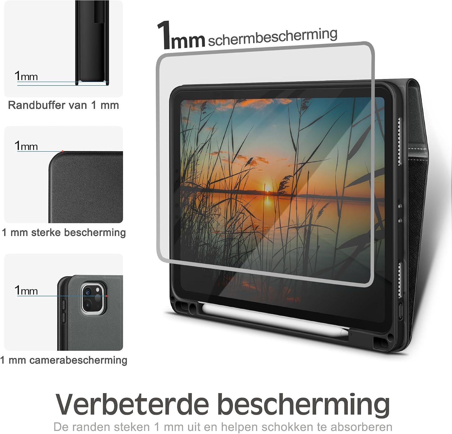 Hoes voor iPad Pro 11-inch (4e/3e/2e/1e gen 2022/2021/2020/2018) met potloodhouder, PU leer Smart Folio, Apple Pencil 2 ondersteuning, zwart