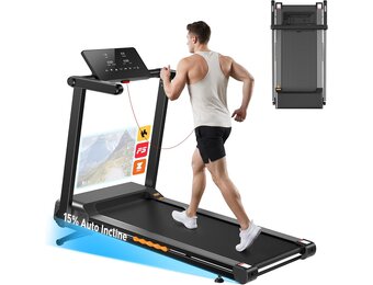 Inklapbare loopband voor thuis met 15% automatische helling, 3,5 pk loopband, helling met 12 HIIT-programma's, smart-app, 1-14 km/u wandelpad met led-display, hartslagmeting, 136 kg
