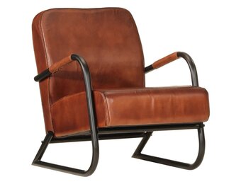 Bruine lederen fauteuil met ijzeren frame - 35% korting