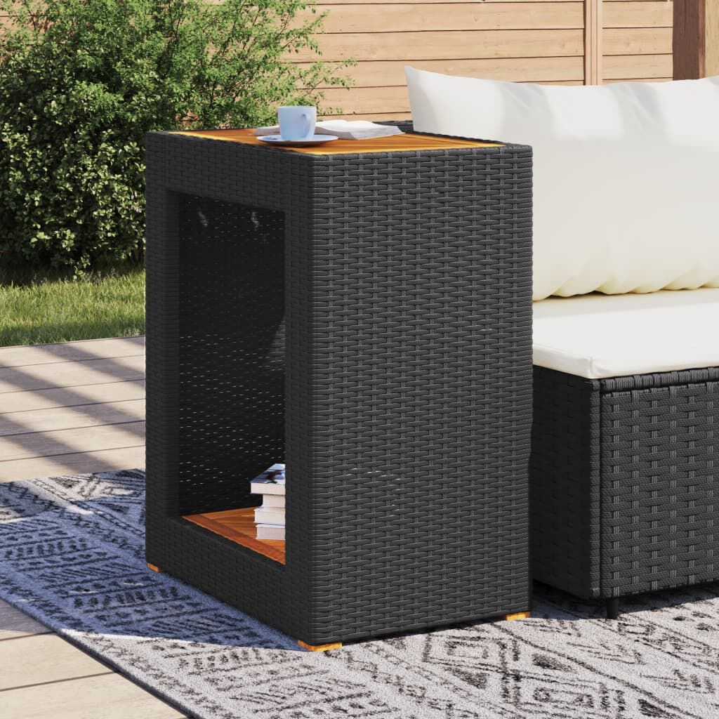 Retoure Tuinbijzettafel met Houten Blad - Zwart Poly Rattan (60x40x75 cm) - 34% Korting!