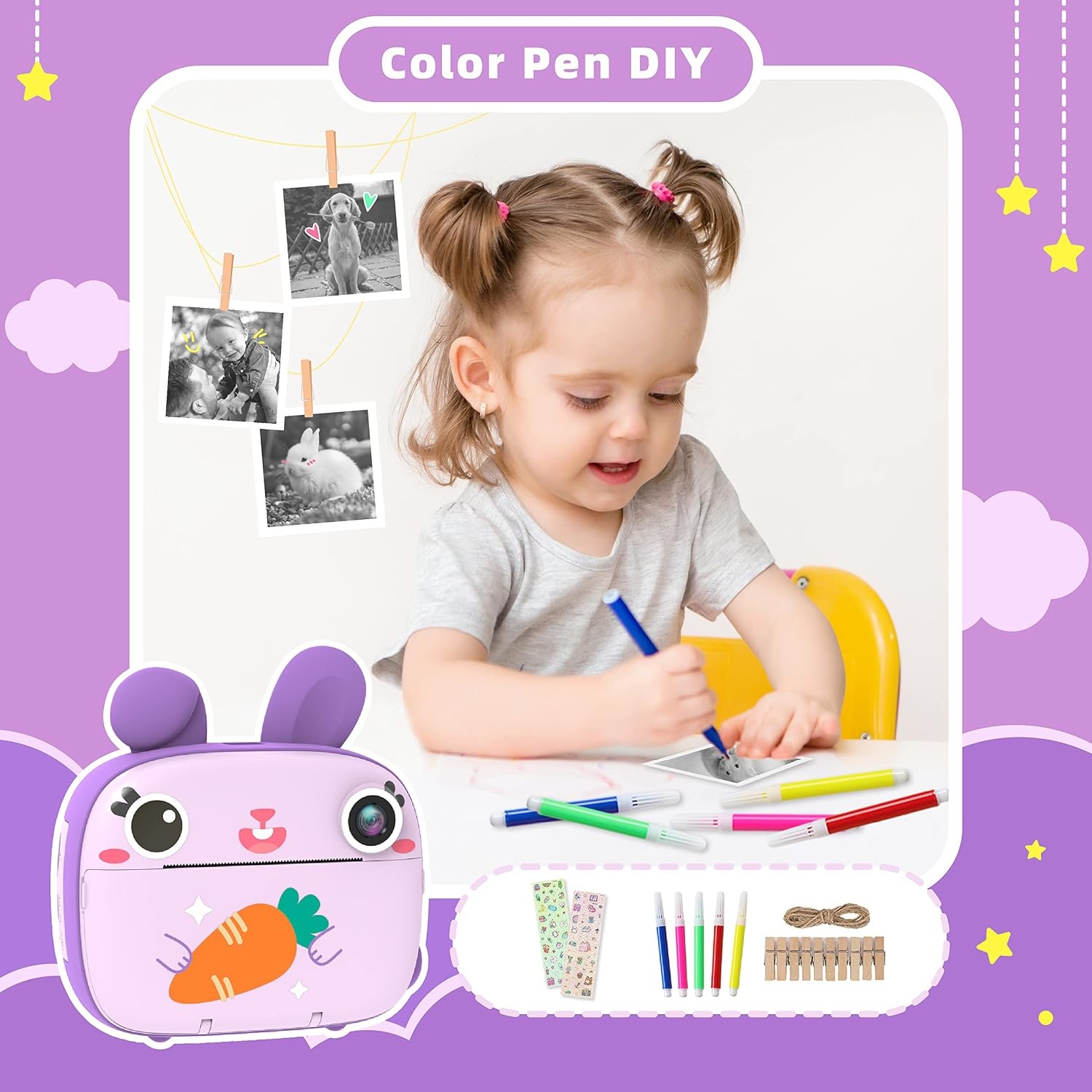 CAMCLID çocuk kamerası, 3 rulo, termal kağıt ve 32G SD kart, dijital kamera ve video kamerası, 6,4 cm (2,4 inç) ekranlı, fotoğraf kamerası, anında fotoğraf makinesi, kız ve erkek çocuklar için hediye
