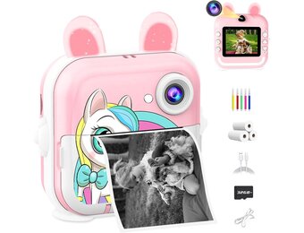 CATGIFF Instant camera voor kinderen, HD, instant camera voor kinderen, met kaart van 32 GB, kleurrijke pennen en printpapier, cadeaus voor jongens en meisjes, 3 tot 12 jaar, roze