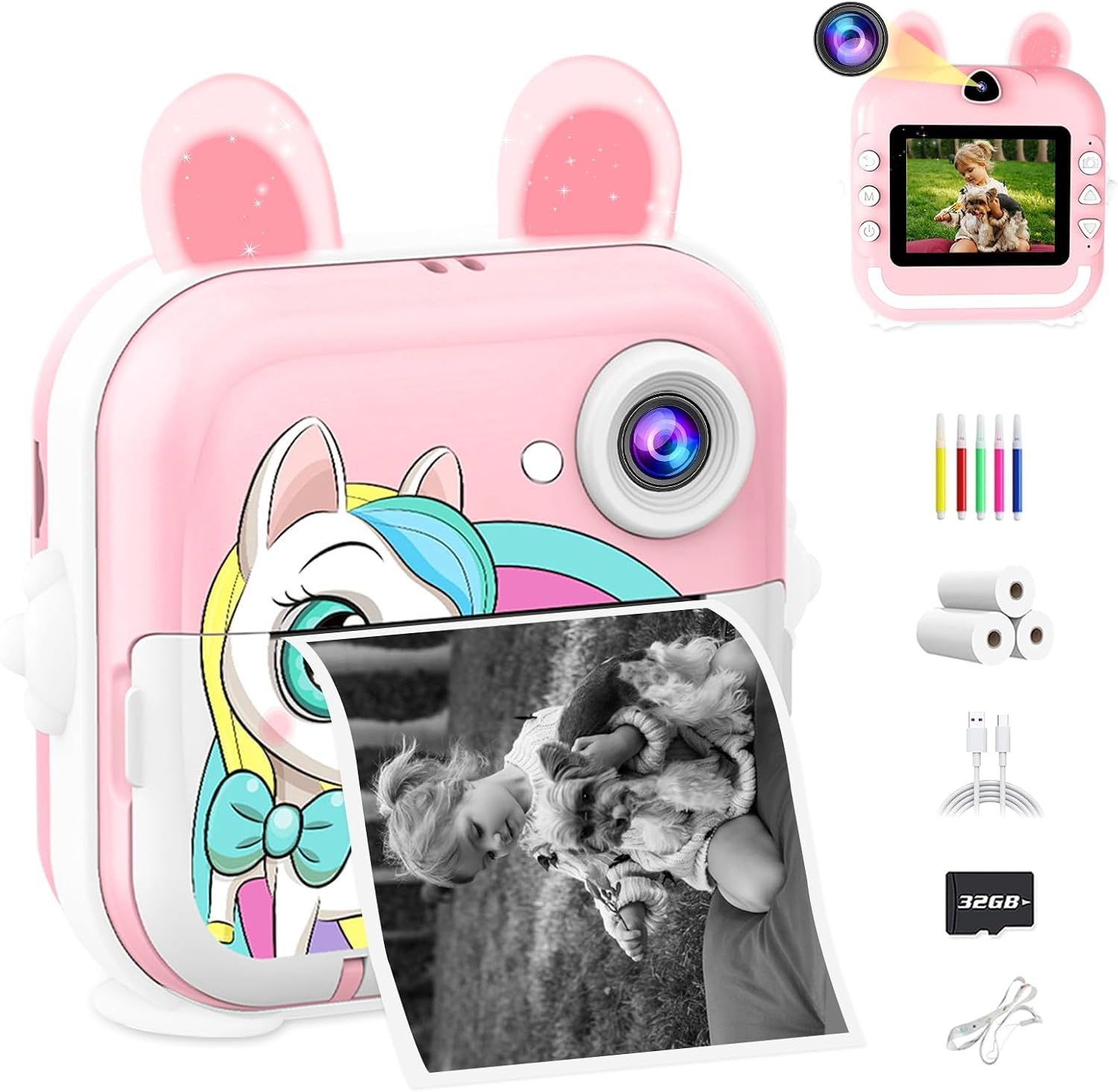 CATGIFF Instant camera voor kinderen, HD, instant camera voor kinderen, met kaart van 32 GB, kleurrijke pennen en printpapier, cadeaus voor jongens en meisjes, 3 tot 12 jaar, roze