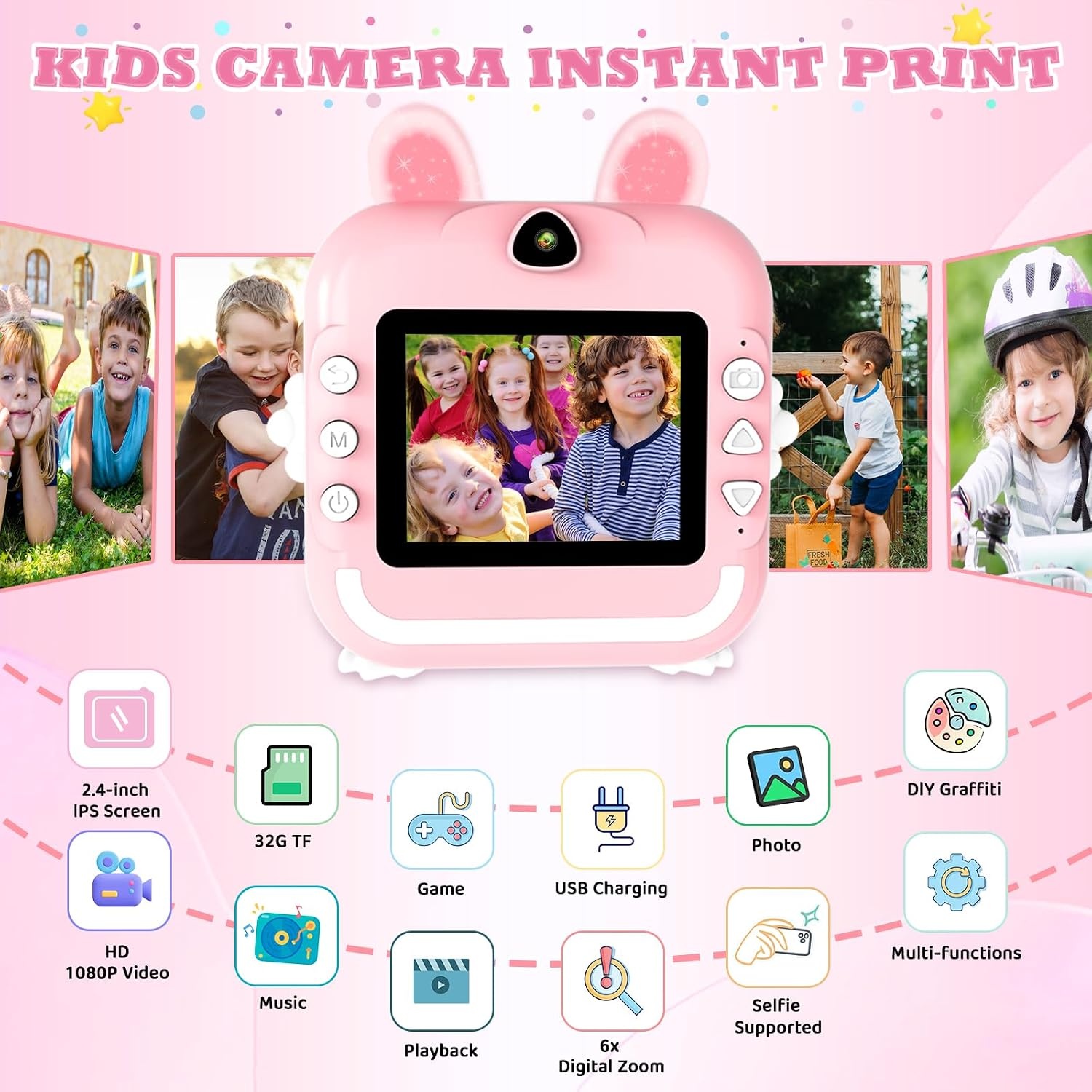 CATGIFF Instant camera voor kinderen, HD, instant camera voor kinderen, met kaart van 32 GB, kleurrijke pennen en printpapier, cadeaus voor jongens en meisjes, 3 tot 12 jaar, roze