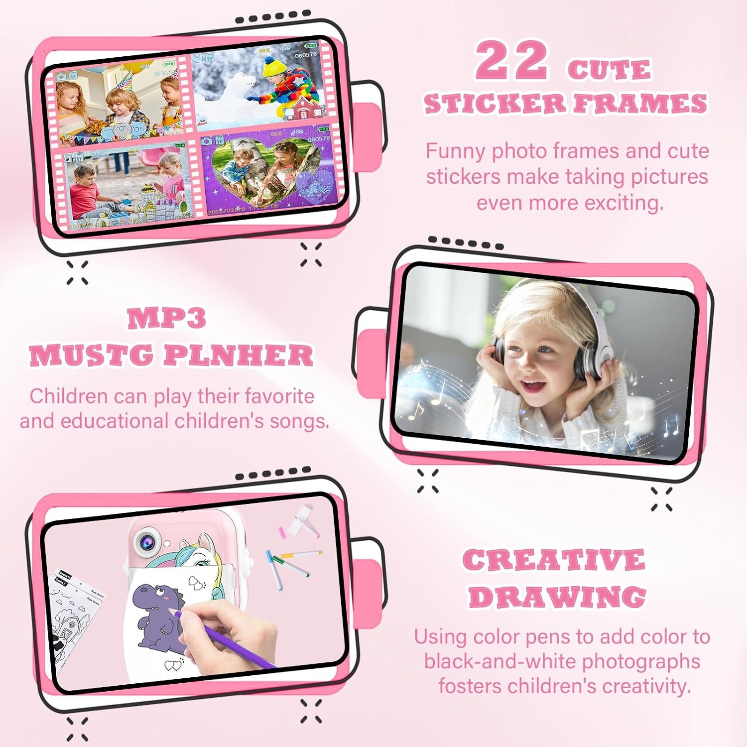 CATGIFF Instant camera voor kinderen, HD, instant camera voor kinderen, met kaart van 32 GB, kleurrijke pennen en printpapier, cadeaus voor jongens en meisjes, 3 tot 12 jaar, roze