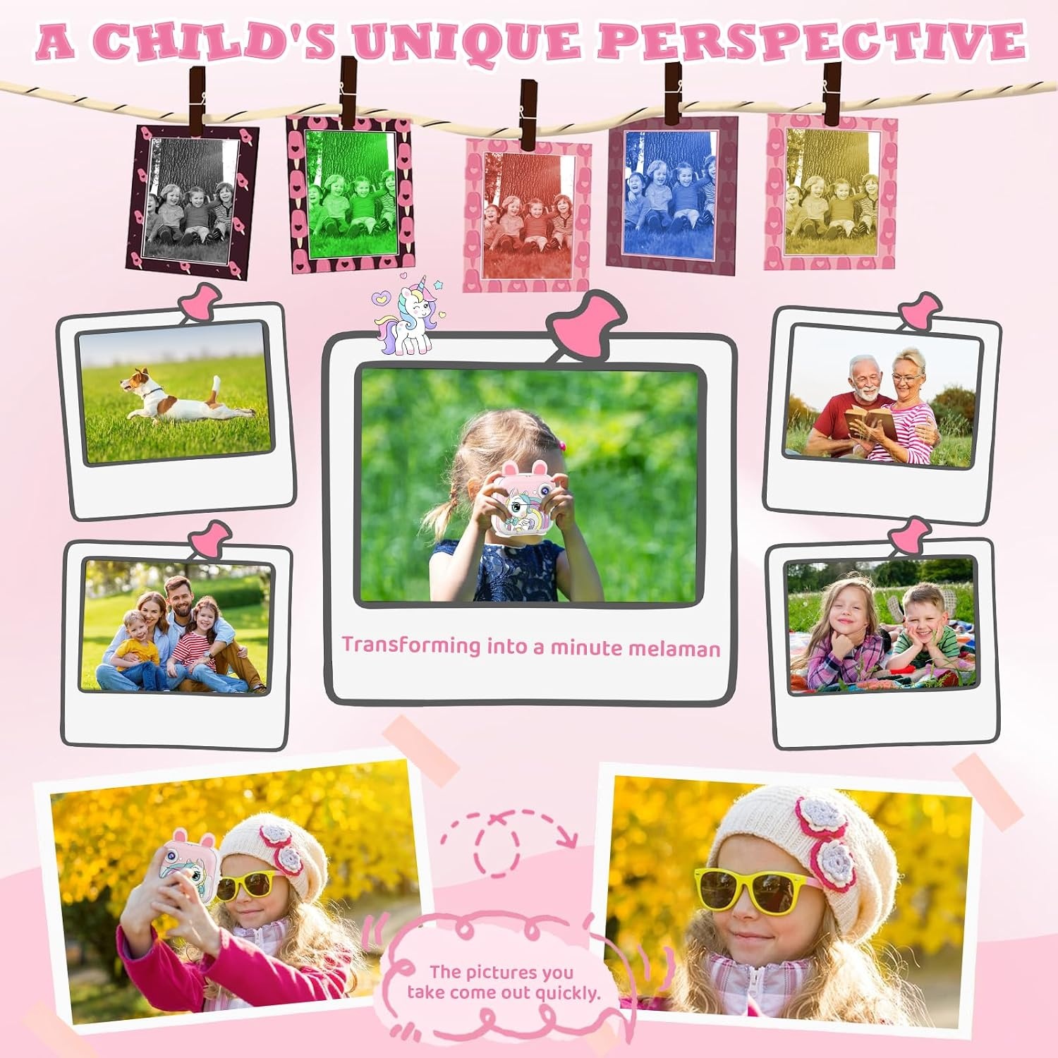CATGIFF Instant camera voor kinderen, HD, instant camera voor kinderen, met kaart van 32 GB, kleurrijke pennen en printpapier, cadeaus voor jongens en meisjes, 3 tot 12 jaar, roze
