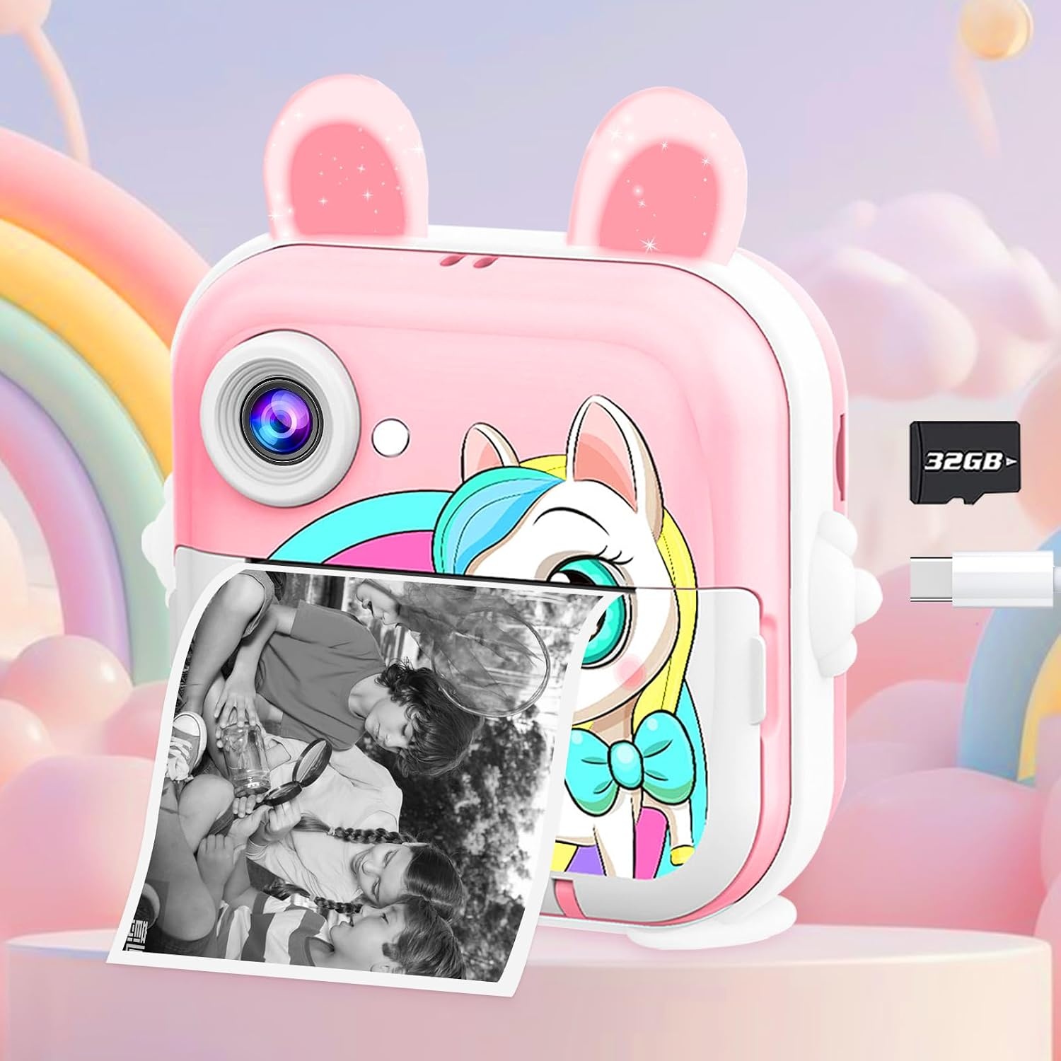 CATGIFF Instant camera voor kinderen, HD, instant camera voor kinderen, met kaart van 32 GB, kleurrijke pennen en printpapier, cadeaus voor jongens en meisjes, 3 tot 12 jaar, roze