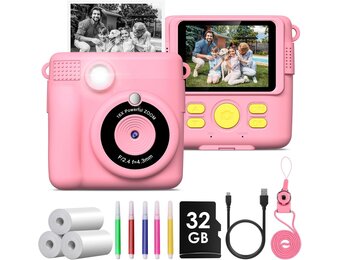 Instant camera voor kinderen, digitale camera 1080p met onmiddellijke druk, 32GB kaart & 3 rollen thermisch papier, verjaardagscadeau voor kinderen en meisjes van 3 tot 12 jaar