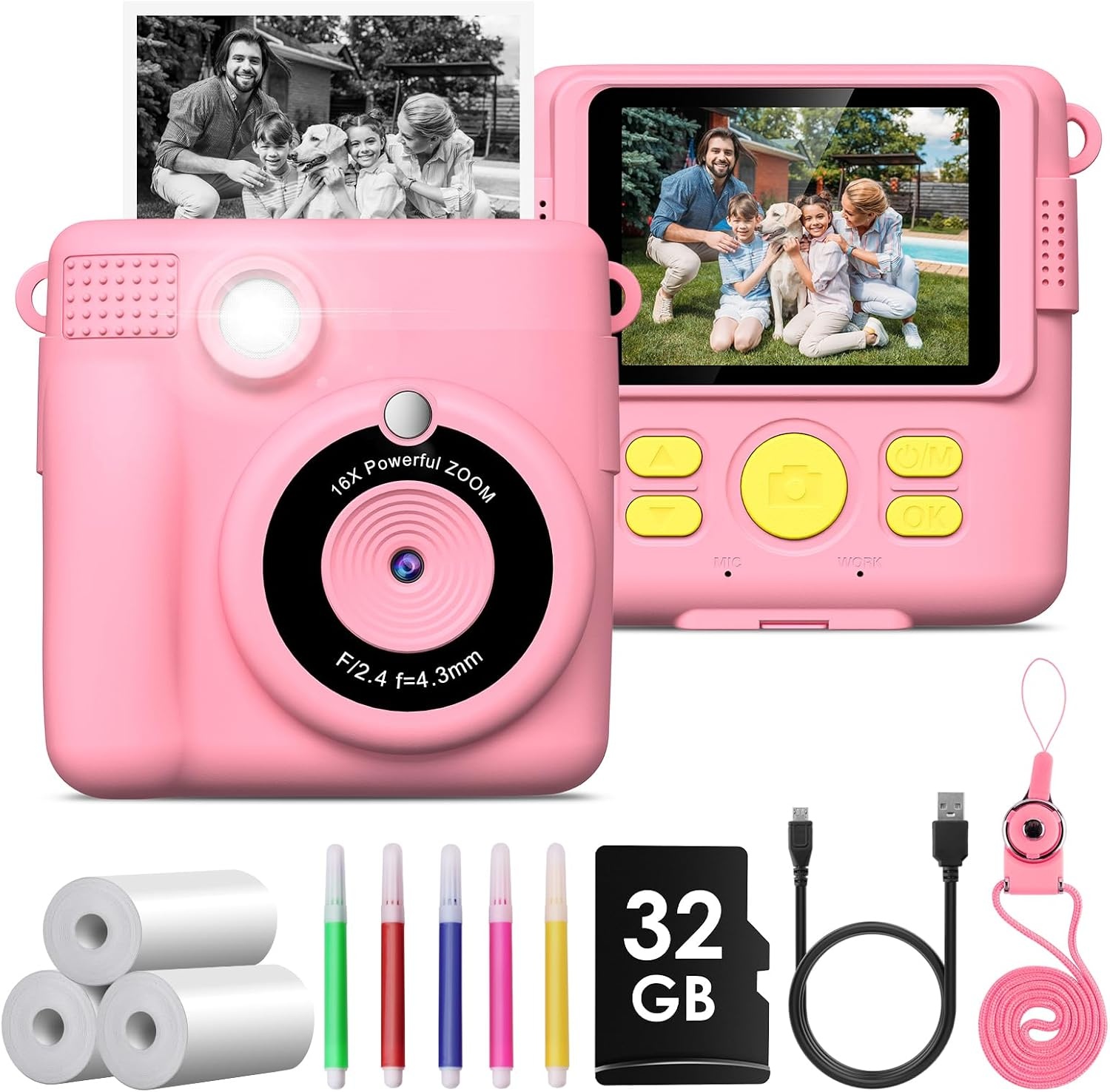 Instant camera voor kinderen, digitale camera 1080p met onmiddellijke druk, 32GB kaart & 3 rollen thermisch papier, verjaardagscadeau voor kinderen en meisjes van 3 tot 12 jaar