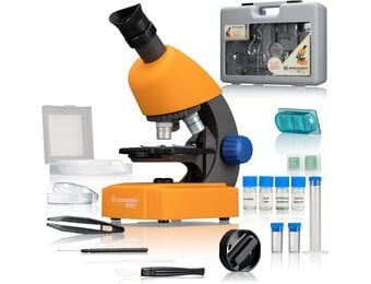 Bresser Junior Microscope Set with Accessories and Transport Case | Lighting, Dimmable LED, 5 preparations and 7 slides, Artemia grow kit, Battery operated, Hard case