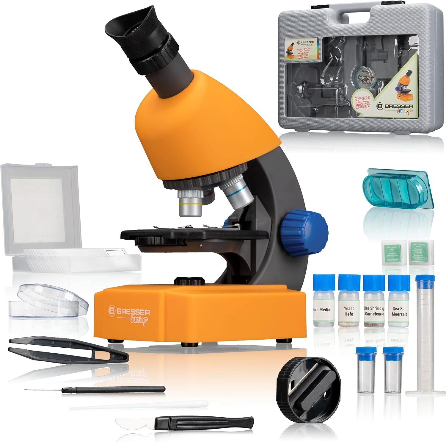 Bresser Junior Microscope Set with Accessories and Transport Case | Lighting, Dimmable LED, 5 preparations and 7 slides, Artemia grow kit, Battery operated, Hard case