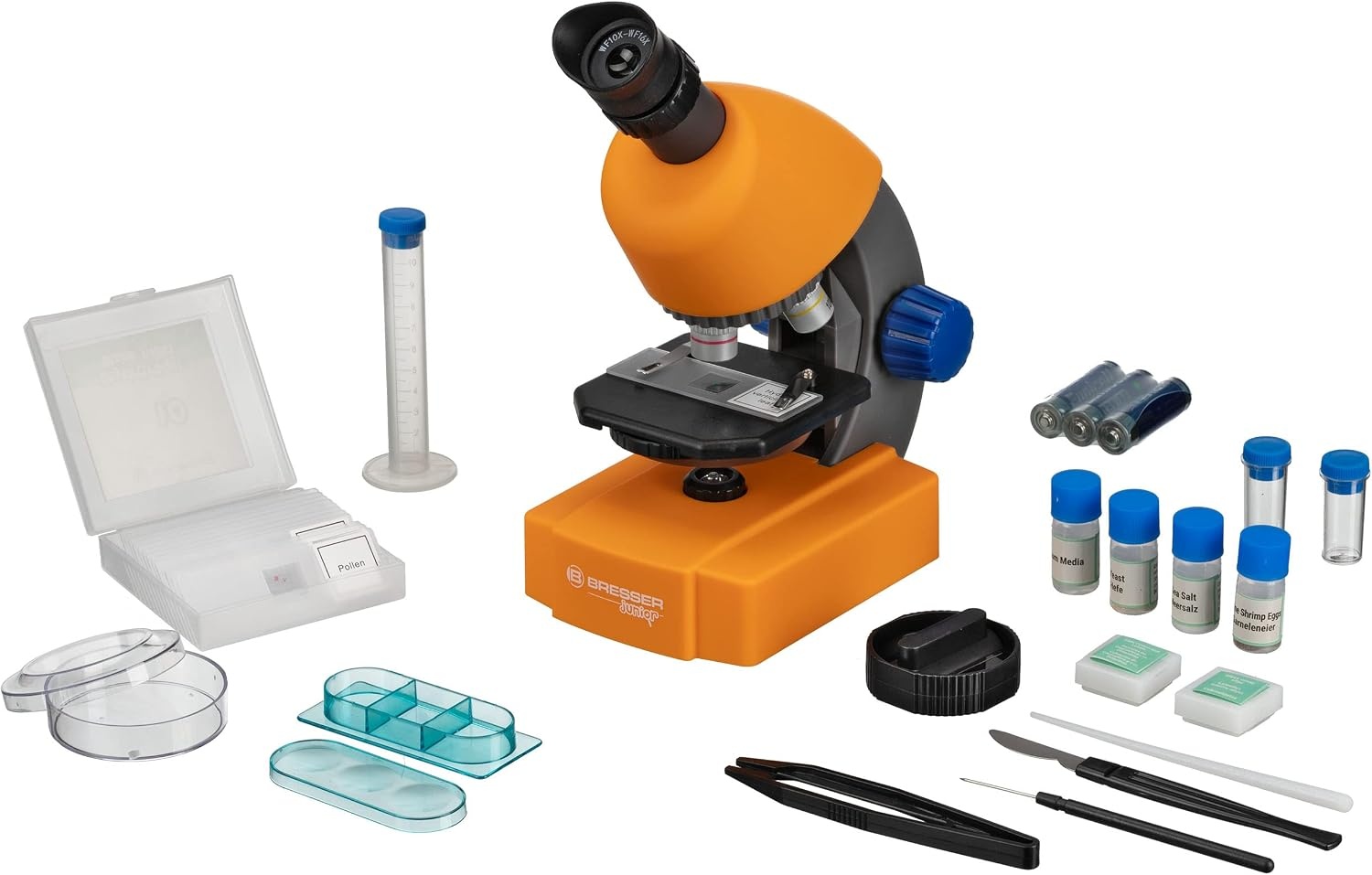 Bresser Junior Microscope Set with Accessories and Transport Case | Lighting, Dimmable LED, 5 preparations and 7 slides, Artemia grow kit, Battery operated, Hard case