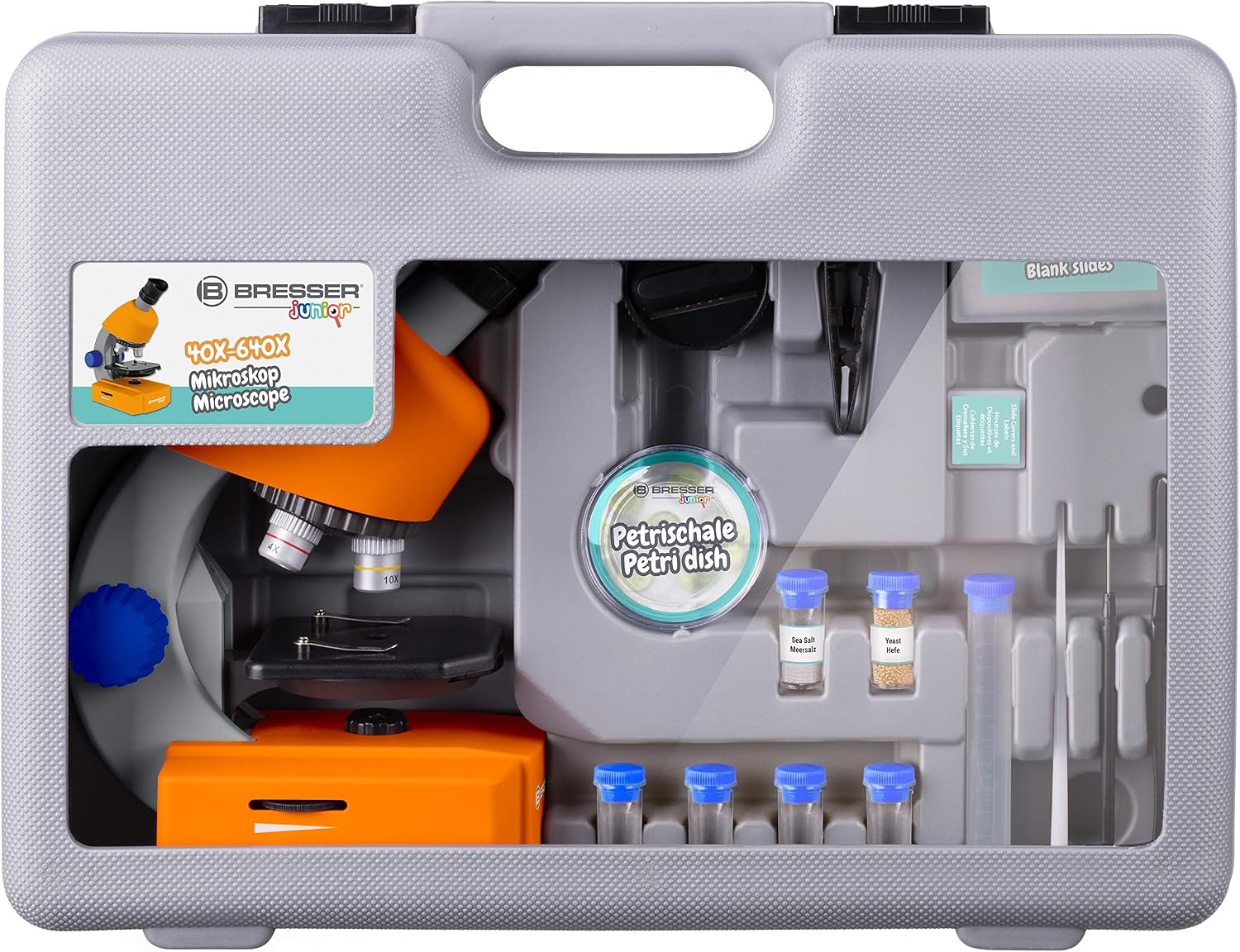 Bresser Junior Microscope Set with Accessories and Transport Case | Lighting, Dimmable LED, 5 preparations and 7 slides, Artemia grow kit, Battery operated, Hard case